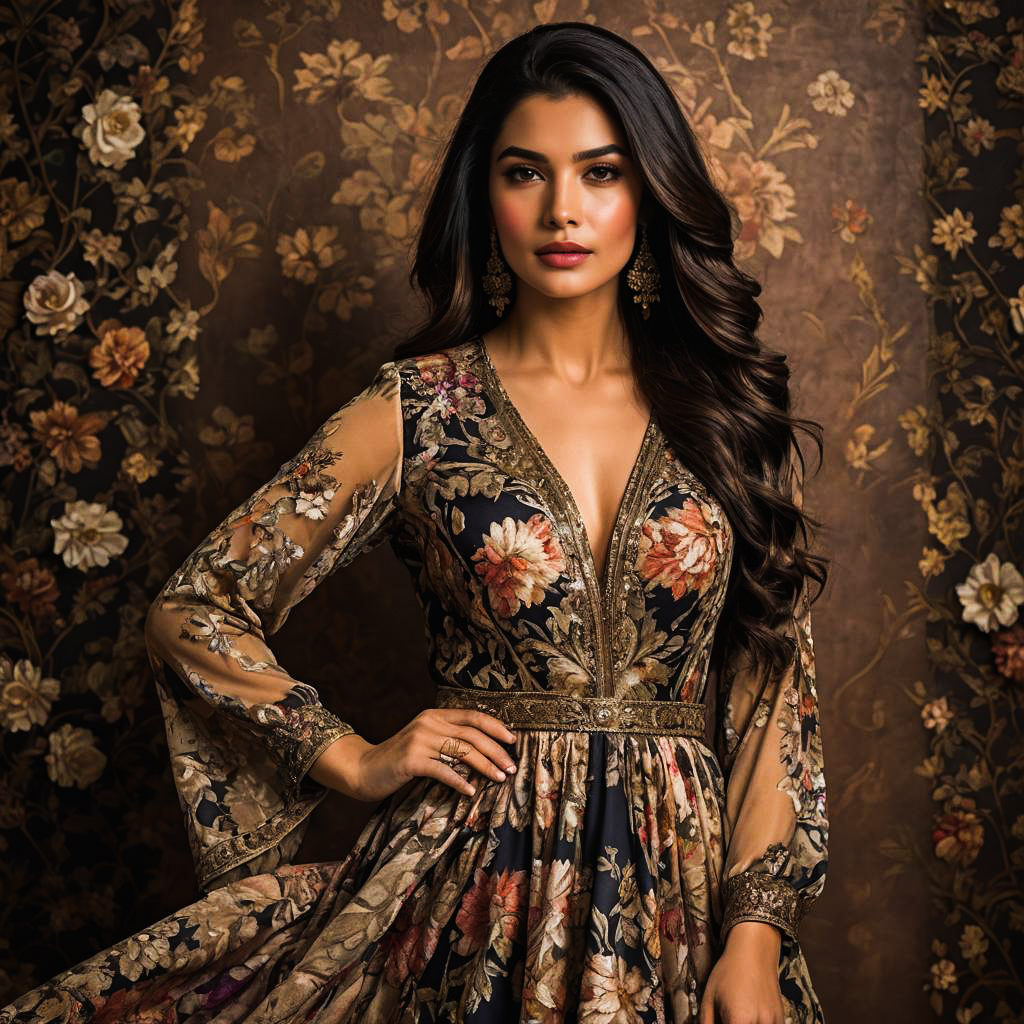 Elegant Middle Eastern Woman in Floral Gown