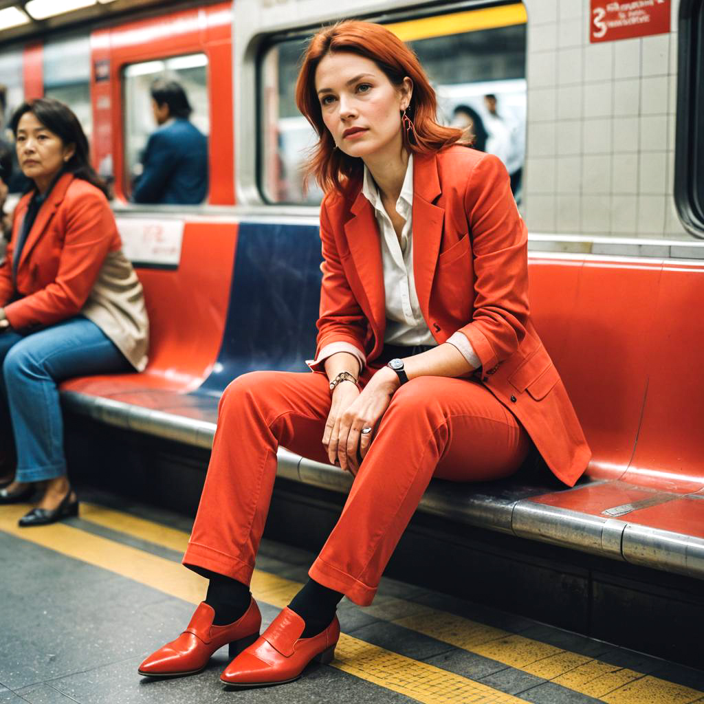 Chic Businesswoman in Bustling Subway Scene