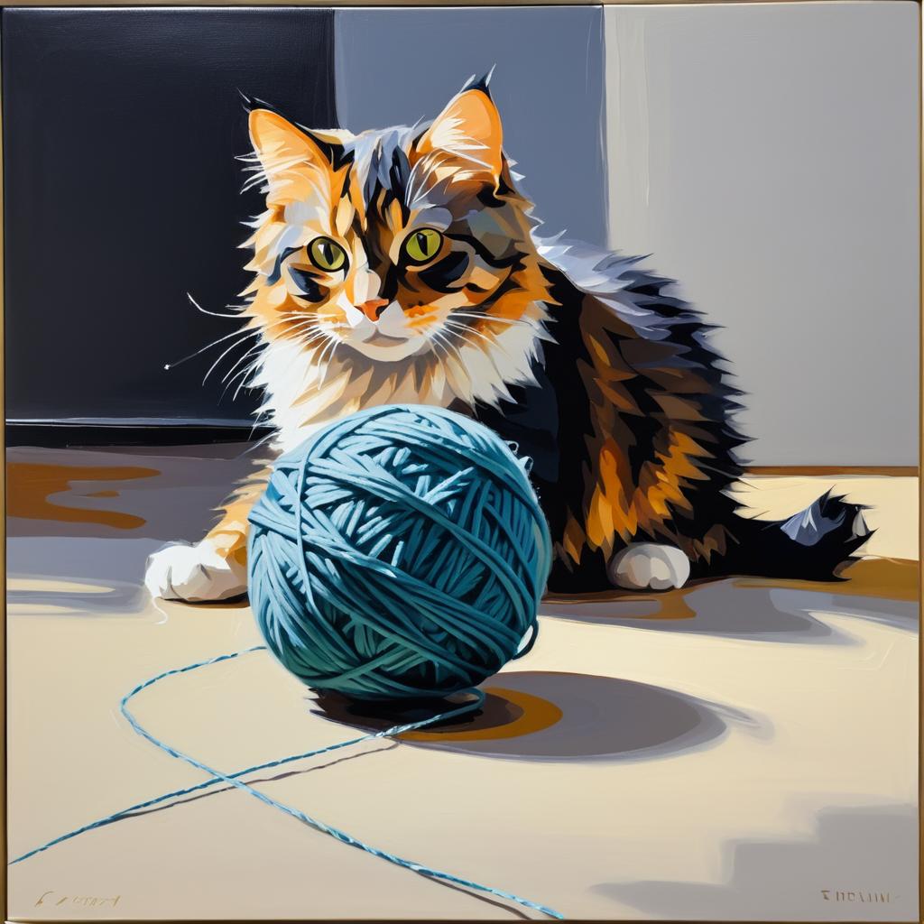 Playful Cat with Rolling Yarn Ball