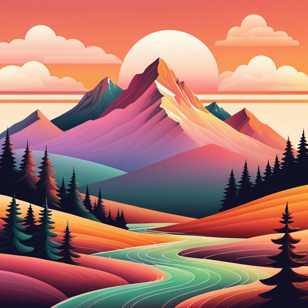 Nostalgic Hand-Drawn Mountain Landscape