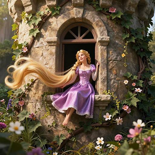 Rapunzel in Tower with Flowing Hair