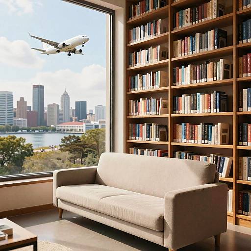 Urban Library Sofa with Cityscape View