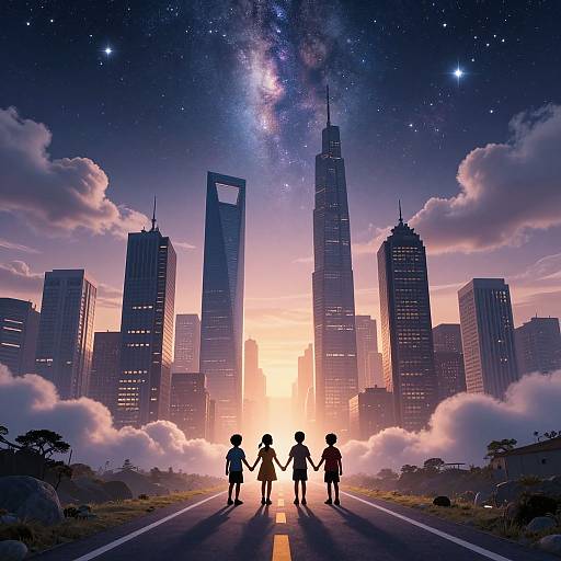 Digital art of two silhouetted figures holding hands, facing a futuristic cityscape with skyscrapers, a starry night sky, and the