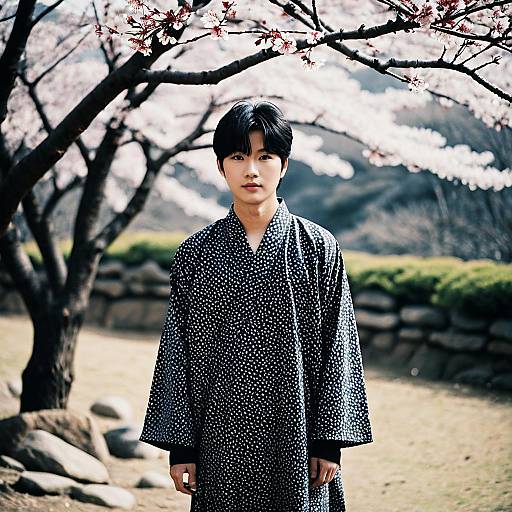 Korean Man in Traditional Clothing under Cherry Blossoms