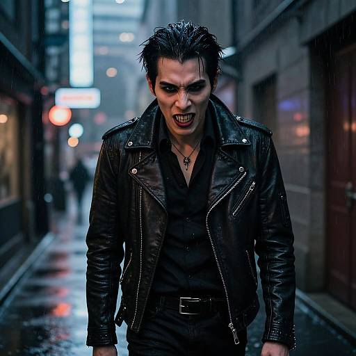 Photograph of a dark-haired, pale-skinned man with black makeup, snarling, wearing a wet black leather jacket and shirt, standing on