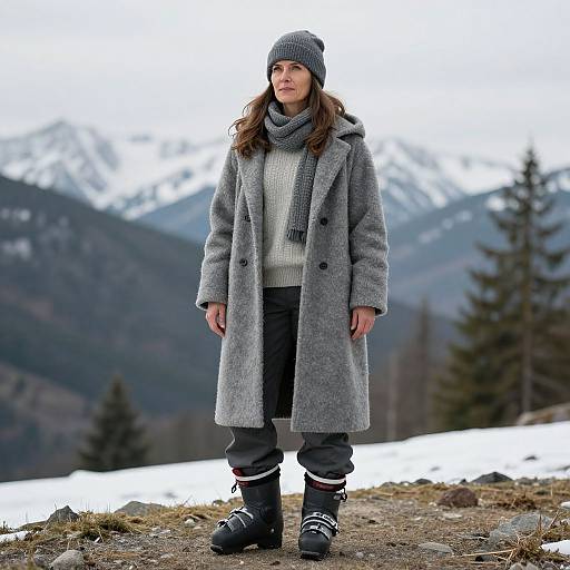 Photograph of a woman with long brown hair, wearing a gray coat, knit beanie, scarf, black pants, and snow boots, standing in