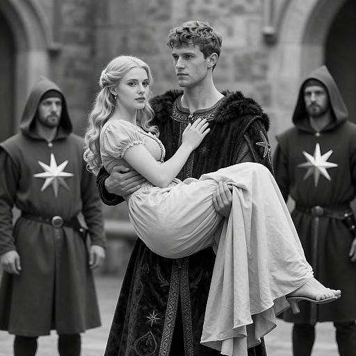 Monochrome Medieval Courtyard Embrace Scene