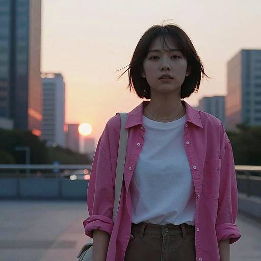 Photograph of an Asian woman with short black hair, pink shirt, white tee, and brown pants, standing in a cityscape at sunset. Background