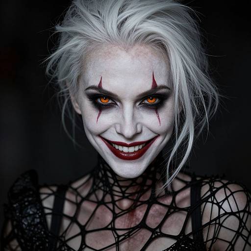 Close-up photograph of a pale-skinned woman with wild white hair, orange eyes, dark red lipstick, black fishnet top, and red scar-like