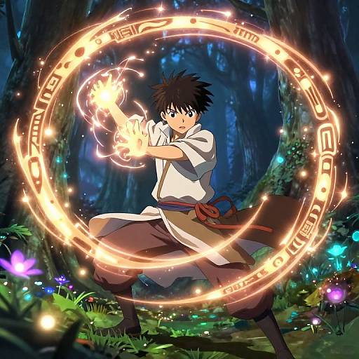 Anime-style digital artwork of a spiky-haired boy in white and brown martial arts attire casting a glowing magical circle in a dark, enchanted forest illuminated by