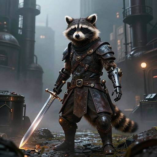 Digital artwork of a raccoon warrior in medieval armor, holding a glowing sword, standing in a foggy, industrial cityscape.