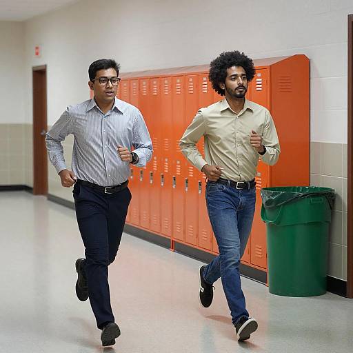 Two Men Running in School Hallway