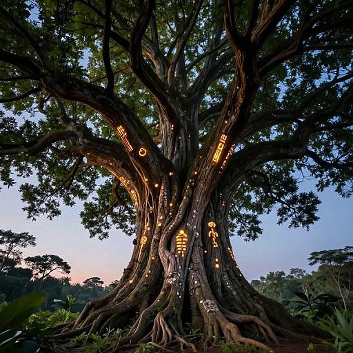 Photograph of a massive, ancient tree with twisted, glowing windows carved into its trunk, set against a twilight sky and lush forest.