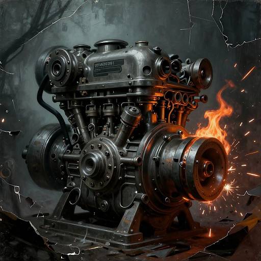 Digital illustration of a roaring, metallic engine with bright orange flames and sparks, set against a dark, cracked background.