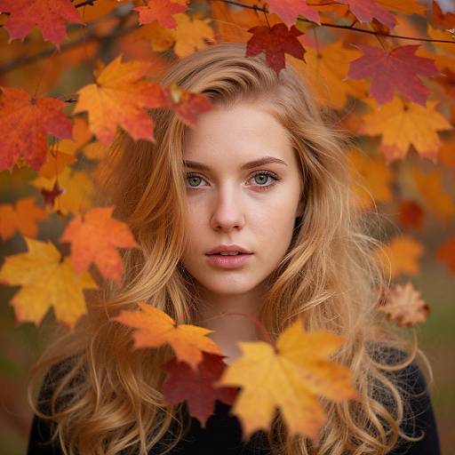 Photograph of a young blonde woman with blue eyes, surrounded by vibrant orange and red autumn leaves, looking directly at the camera.