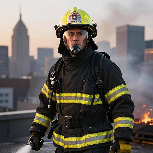 Heroic Firefighter in Smoky Cityscape