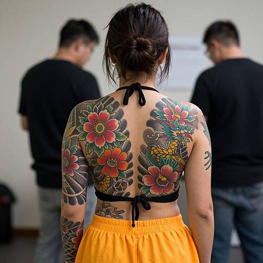 Photograph of a woman with vibrant back tattoos of large flowers, wearing a black halter top and yellow skirt, standing in a room with two blurred