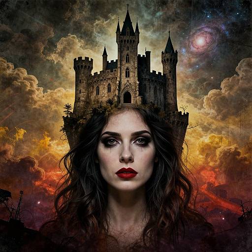 Digital artwork of a pale-skinned woman with red lips, dark wavy hair, and a castle crown, set against a dramatic, colorful, cloudy