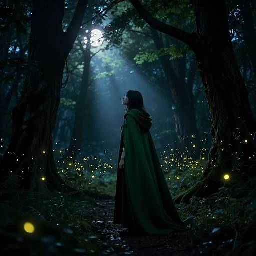 A mystical forest scene at night, illuminated by moonlight and glowing fireflies. A cloaked figure stands in profile, surrounded by dark, towering trees