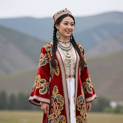 Photograph of an Asian woman with braided hair, wearing an ornate red and gold traditional dress and matching hat, standing in a grassy mountain