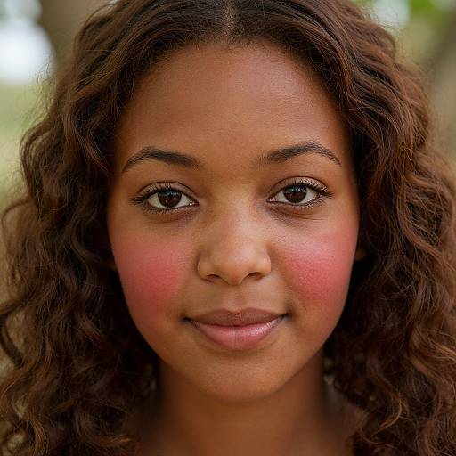 Close-up photograph of a young Black woman with curly brown hair, rosy cheeks, and soft smile, looking directly at the camera.
