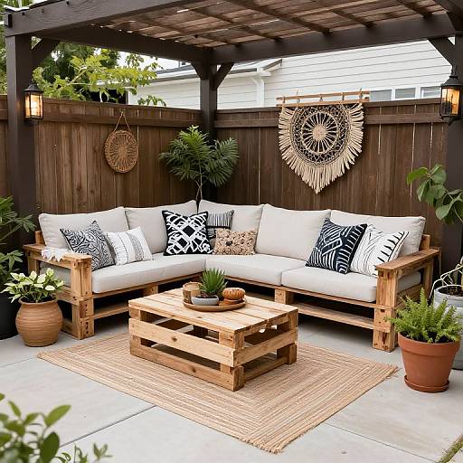 Photograph of a cozy outdoor patio with a wooden pergola, white cushioned L-shaped sofa, black-and-white patterned pillows, wooden coffee table