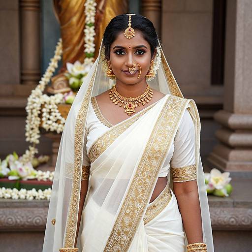 Photograph of a beautiful South Asian bride in a white and gold sari, adorned with intricate jewelry, standing in a temple-like setting with floral decorations