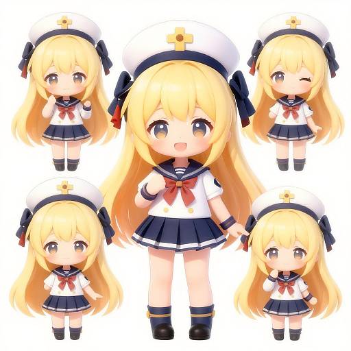 Chibi-style digital illustration of a cute blonde girl in a navy sailor uniform with a white hat and black bow, featuring six identical, expressive poses on