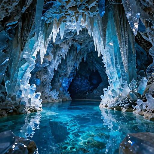 Photograph of an icy cave with glowing blue crystals, illuminated water reflecting crystal lights, and jagged ice formations overhead.