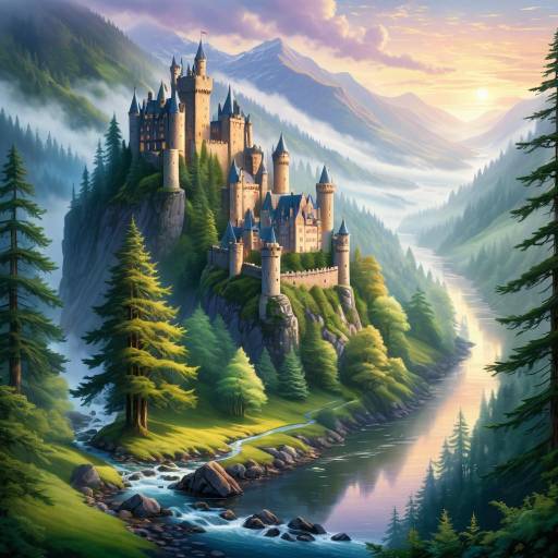 Mystical Castles in Foggy Glen at Dusk Mystical Castles in Foggy Glen at Dusk
