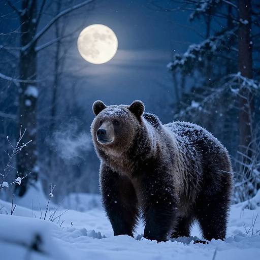 Photograph of a large brown bear standing in a snowy forest at night, illuminated by a bright full moon in a blue-lit sky.