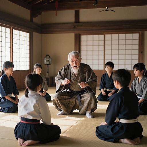 Photograph of elderly Japanese man in traditional kimono teaching martial arts to eight young students in a sunlit tatami room.
