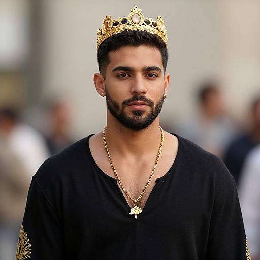 Photograph of a bearded man with medium brown skin, wearing a black shirt, gold crown, and necklace, standing against a blurred outdoor background.