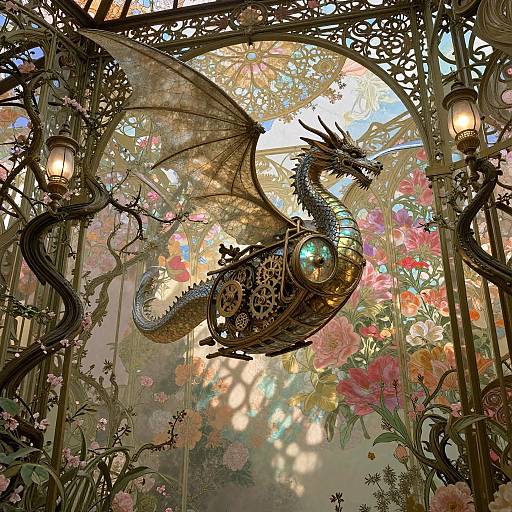 Digital art: Steampunk dragon with intricate gears and wings, glowing blue eye, amidst vibrant pink and white flowers under a sunlit glass ceiling with