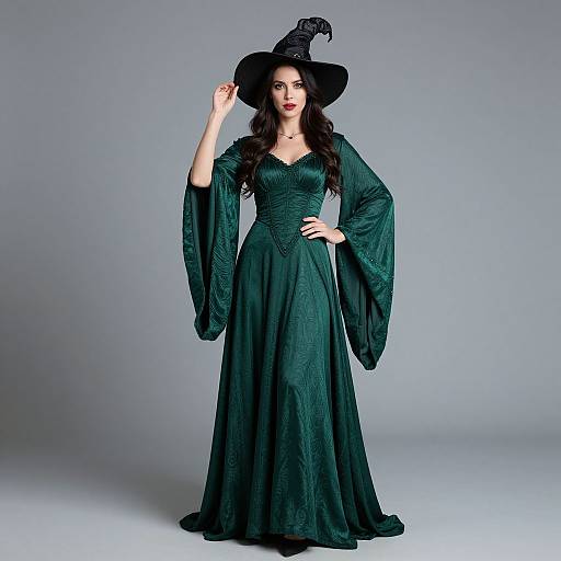 Photograph of a fair-skinned woman with long black hair, wearing a dark green, Renaissance-style gown with wide sleeves, and a black witch hat