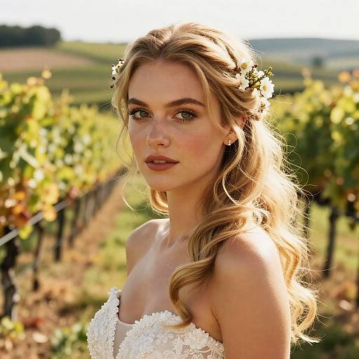 Photograph of a blonde woman with wavy hair, wearing a white, beaded strapless dress, standing in a sunlit vineyard.