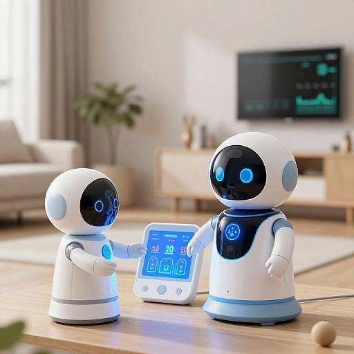 Photorealistic CGI of two white, blue-accented humanoid robots with black faces and glowing blue eyes interacting with a smart display in a bright,