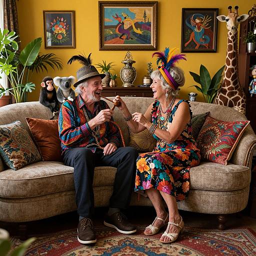 Photograph of a smiling couple in colorful, eclectic outfits, sitting on a patterned couch in a vibrant, decorated living room.