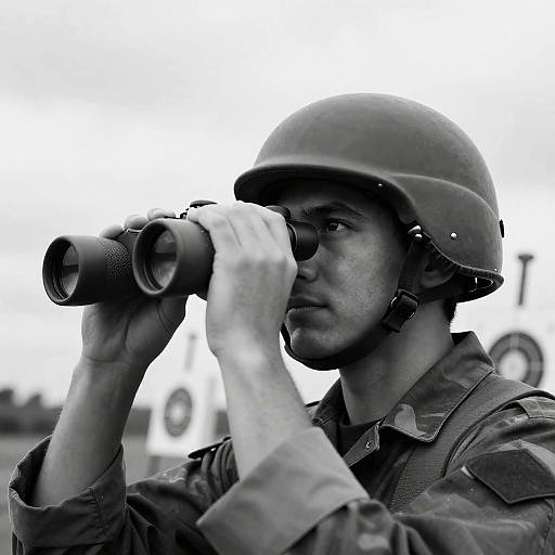 Soldier Using Binoculars in Black and White