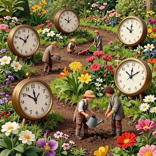 Photograph-style CGI: Four men in suits and hats tend a vibrant, flower-filled garden with five large, vintage clocks showing different times.