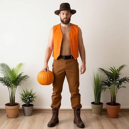 Man Holding Pumpkin in Cozy Room