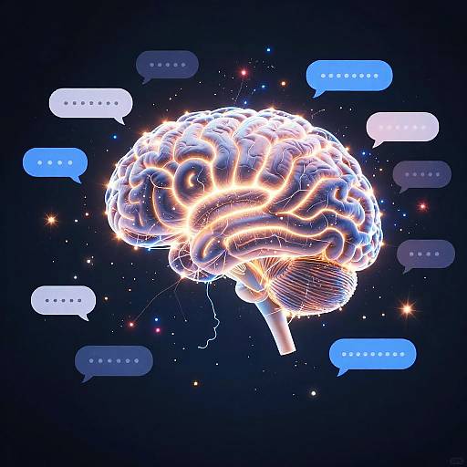 Digital illustration of a glowing, neon-lit brain with electric lines and blue speech bubbles against a dark, starry background.