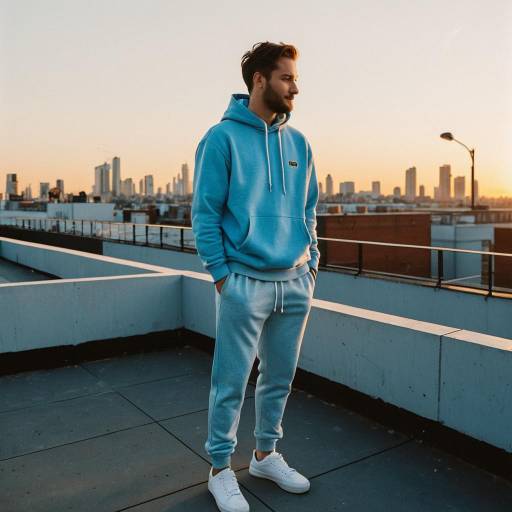 Man in Light Blue Hoodie and Joggers on Urban Rooftop
