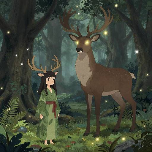 Digital anime-style illustration of a young girl in a green kimono with deer antlers standing beside a glowing-eyed deer in a magical, enchanted forest with