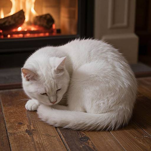 Photograph of a white, fluffy cat sleeping in front of a warm, glowing fireplace on a wooden floor.