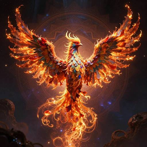Digital art of a majestic, fiery phoenix with outstretched wings, vibrant orange and red flames, and intricate feather details, set against a dark,