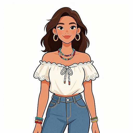 Digital illustration of a smiling Latina woman with medium skin, dark wavy hair, wearing a white off-shoulder top, high-waisted blue