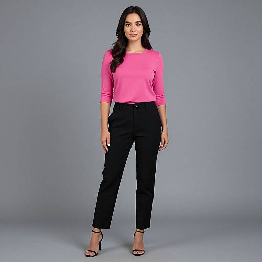Photograph of a young woman with long black hair, wearing a bright pink long-sleeve top, black high-waisted pants, and black