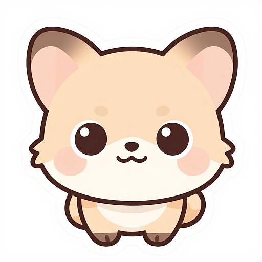 Cute digital drawing of a chibi-style, beige and cream-colored fox with large black eyes, small black nose, and a smiling mouth. Simpl