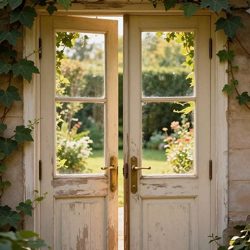 Sunlit Garden Through Vintage Door